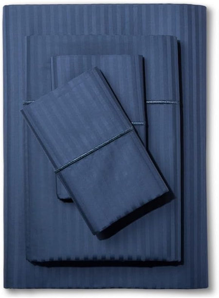Feather & Stitch 500 Thread Count California King Size Cotton Sheets Dark Blue 4 Piece Damask Stripe Sheet Set 18 Inch Deep Pocket Sateen Weave Striped Sheets with 2 Pillowcases Luxury Bedding