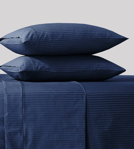 Feather & Stitch 500 Thread Count California King Size Cotton Sheets Dark Blue 4 Piece Damask Stripe Sheet Set 18 Inch Deep Pocket Sateen Weave Striped Sheets with 2 Pillowcases Luxury Bedding