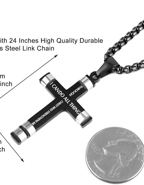 Load image into Gallery viewer, Philippians 4:13 Cross Pendant STRENGTH Bible Verse Stainless Steel Necklace 3 Colors Available
