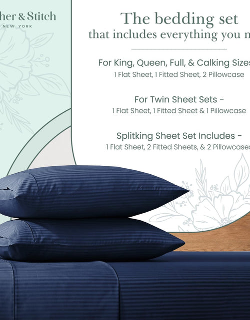 Load image into Gallery viewer, Feather &amp; Stitch 500 Thread Count California King Size Cotton Sheets Dark Blue 4 Piece Damask Stripe Sheet Set 18 Inch Deep Pocket Sateen Weave Striped Sheets with 2 Pillowcases Luxury Bedding
