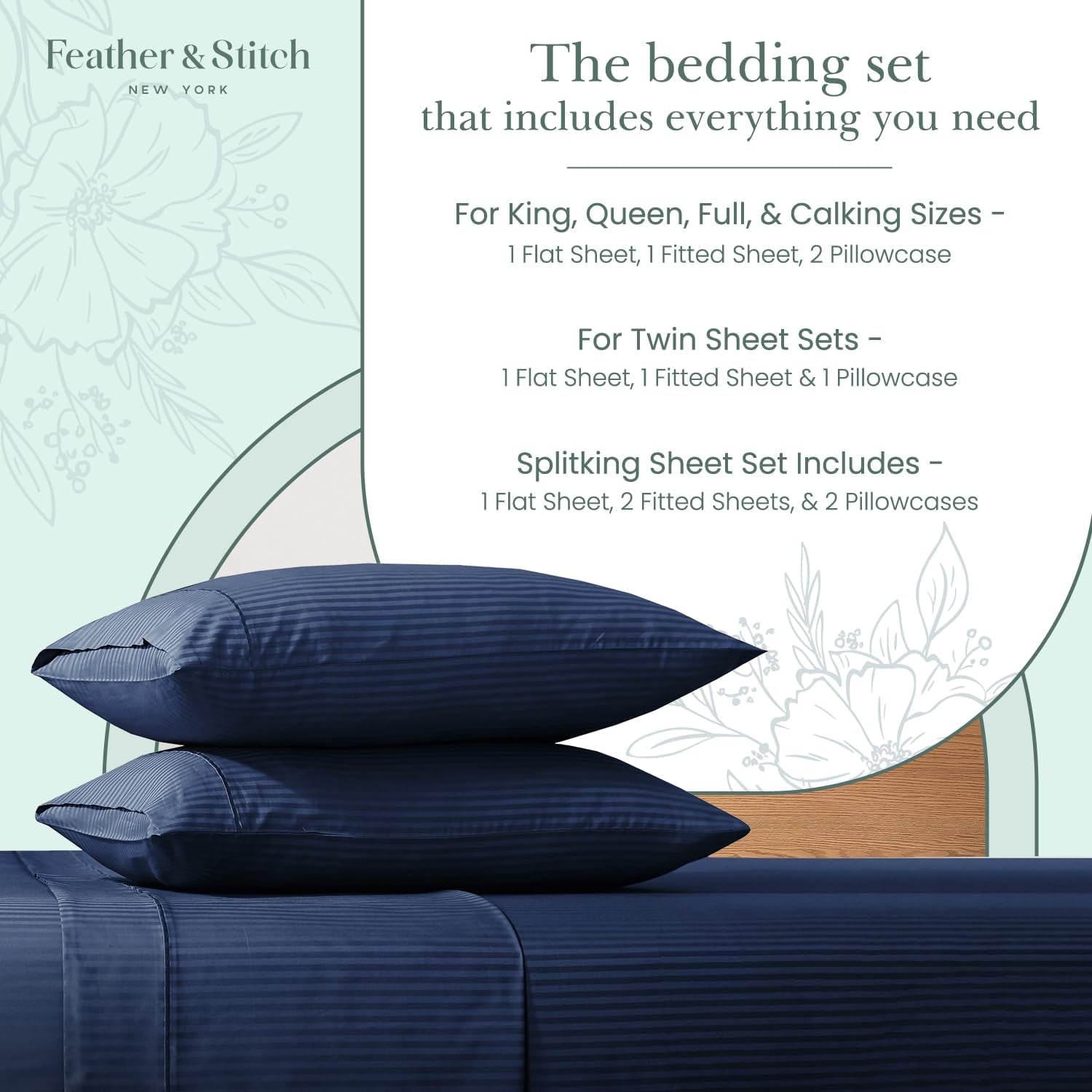 Feather & Stitch 500 Thread Count California King Size Cotton Sheets Dark Blue 4 Piece Damask Stripe Sheet Set 18 Inch Deep Pocket Sateen Weave Striped Sheets with 2 Pillowcases Luxury Bedding