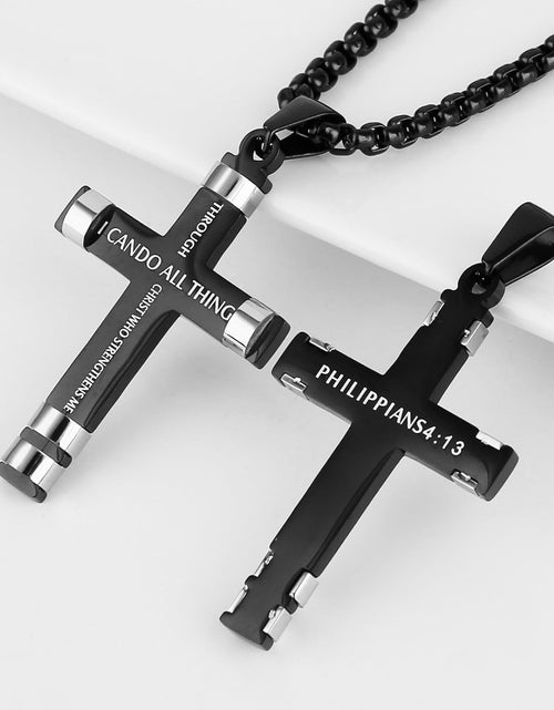Load image into Gallery viewer, Philippians 4:13 Cross Pendant STRENGTH Bible Verse Stainless Steel Necklace 3 Colors Available
