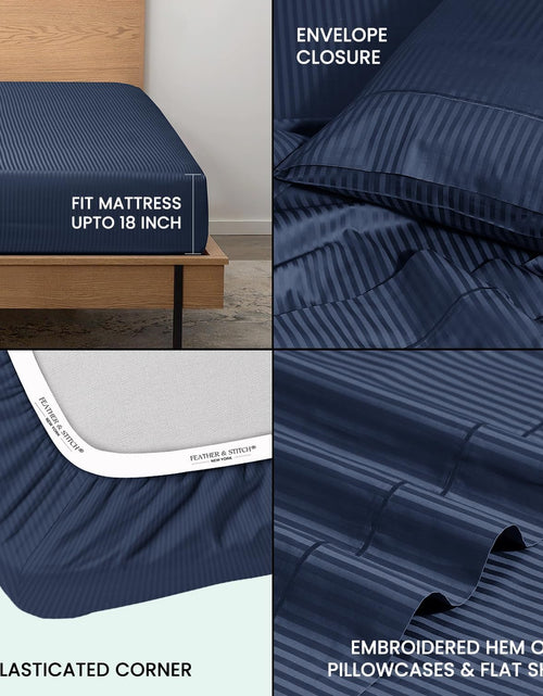 Load image into Gallery viewer, Feather &amp; Stitch 500 Thread Count California King Size Cotton Sheets Dark Blue 4 Piece Damask Stripe Sheet Set 18 Inch Deep Pocket Sateen Weave Striped Sheets with 2 Pillowcases Luxury Bedding
