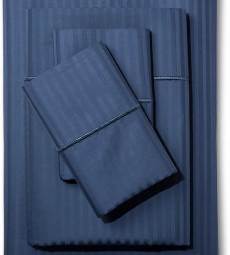 Feather & Stitch 500 Thread Count California King Size Cotton Sheets Dark Blue 4 Piece Damask Stripe Sheet Set 18 Inch Deep Pocket Sateen Weave Striped Sheets with 2 Pillowcases Luxury Bedding