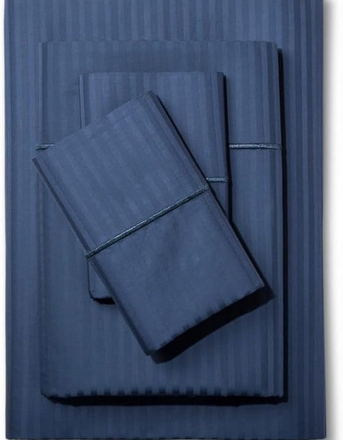Load image into Gallery viewer, Feather &amp; Stitch 500 Thread Count California King Size Cotton Sheets Dark Blue 4 Piece Damask Stripe Sheet Set 18 Inch Deep Pocket Sateen Weave Striped Sheets with 2 Pillowcases Luxury Bedding
