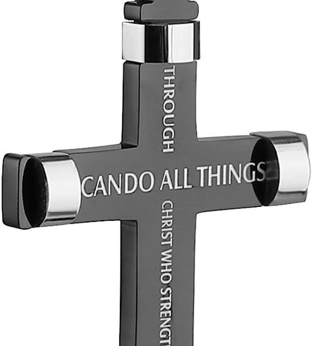 Philippians 4:13 Cross Pendant STRENGTH Bible Verse Stainless Steel Necklace 3 Colors Available