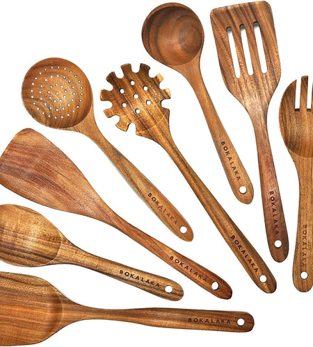 Wooden Spoons for Cooking, Teak Wooden Kitchen Utensils Set Wooden Cooking Utensils 8Pcs Wooden Spatulas Wooden Utensils for Cooking