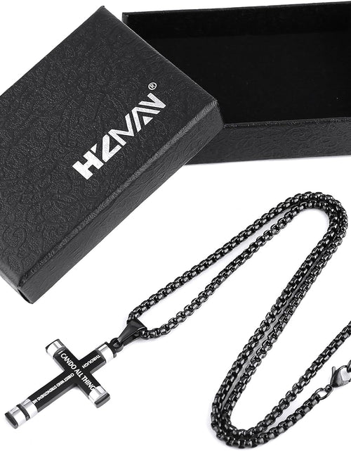 Load image into Gallery viewer, Philippians 4:13 Cross Pendant STRENGTH Bible Verse Stainless Steel Necklace 3 Colors Available
