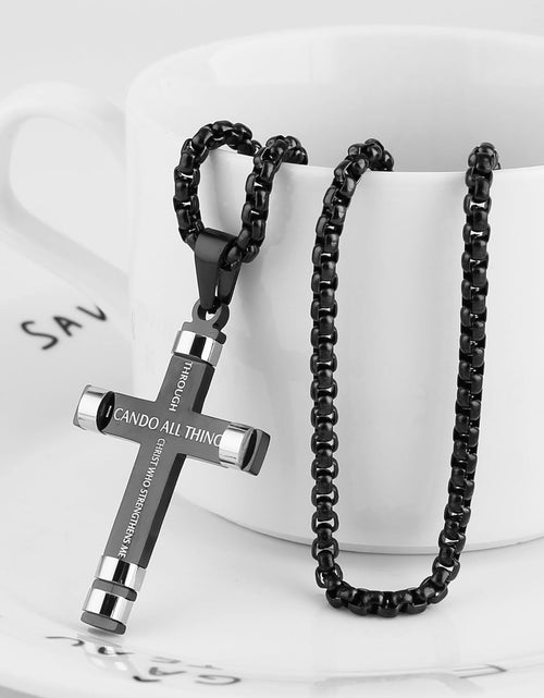 Load image into Gallery viewer, Philippians 4:13 Cross Pendant STRENGTH Bible Verse Stainless Steel Necklace 3 Colors Available
