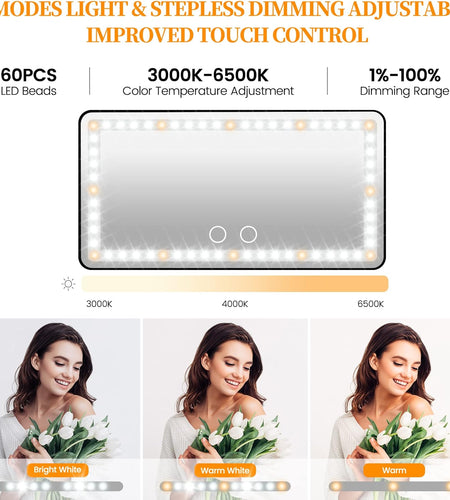 Car Sun Visor Vanity Mirror, Makeup Mirror with 3 Light Modes & 60 Leds, Rechargeable Led Light Car Mirror with Dimmable Touch Screen, Rear View Sun-Shading Travel Cosmetic Mirror for Car Truck SUV
