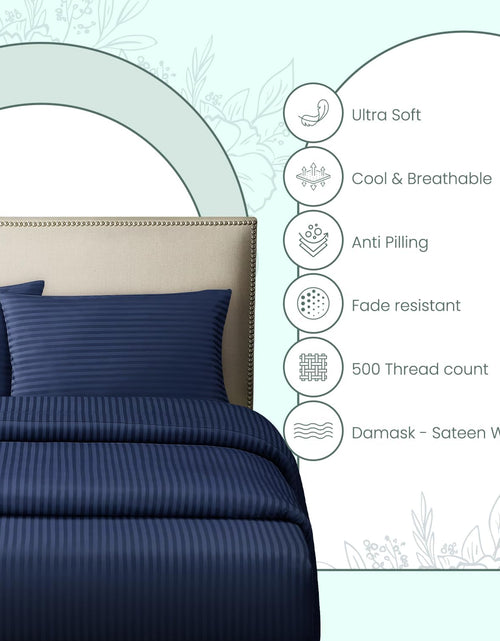 Load image into Gallery viewer, Feather &amp; Stitch 500 Thread Count California King Size Cotton Sheets Dark Blue 4 Piece Damask Stripe Sheet Set 18 Inch Deep Pocket Sateen Weave Striped Sheets with 2 Pillowcases Luxury Bedding
