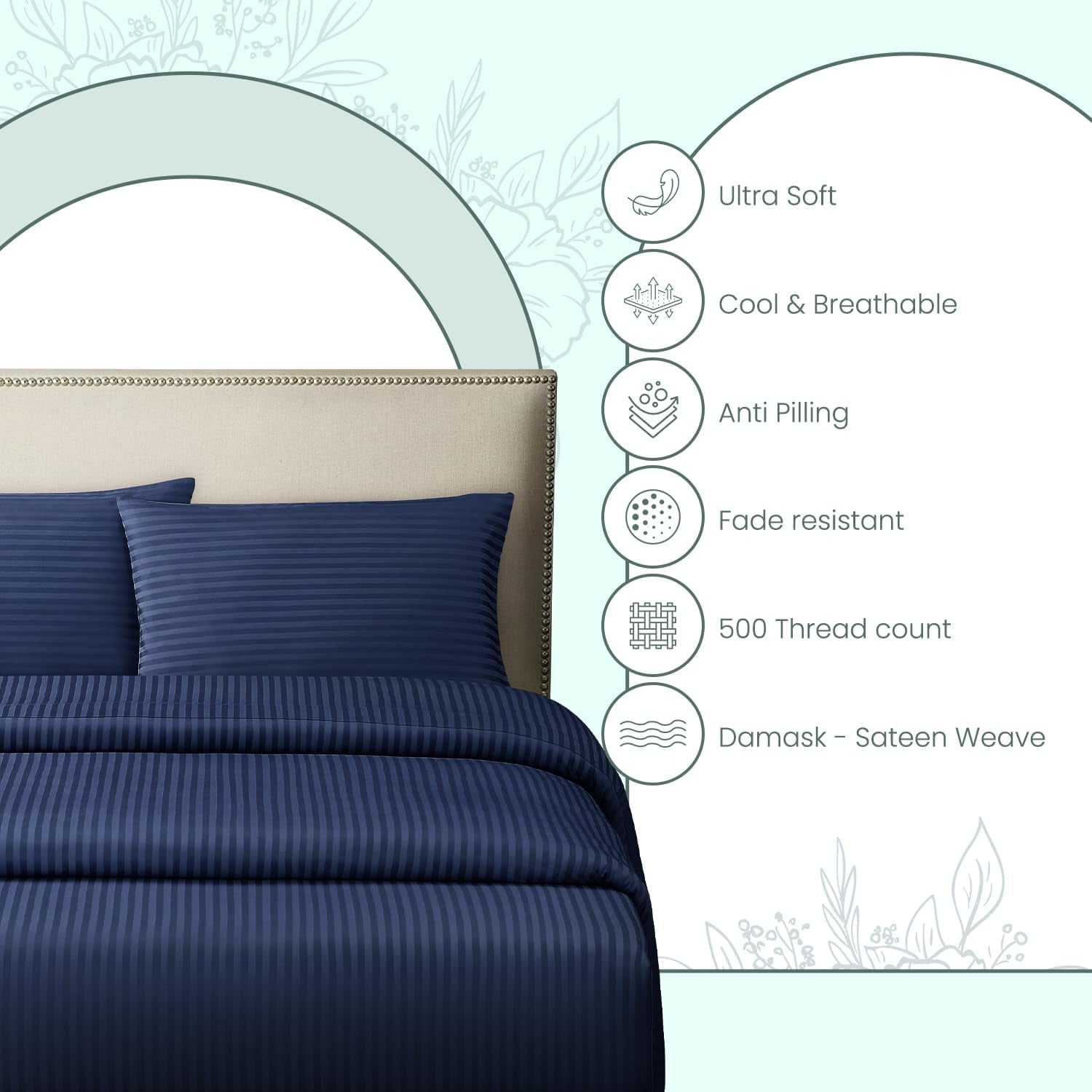 Feather & Stitch 500 Thread Count California King Size Cotton Sheets Dark Blue 4 Piece Damask Stripe Sheet Set 18 Inch Deep Pocket Sateen Weave Striped Sheets with 2 Pillowcases Luxury Bedding